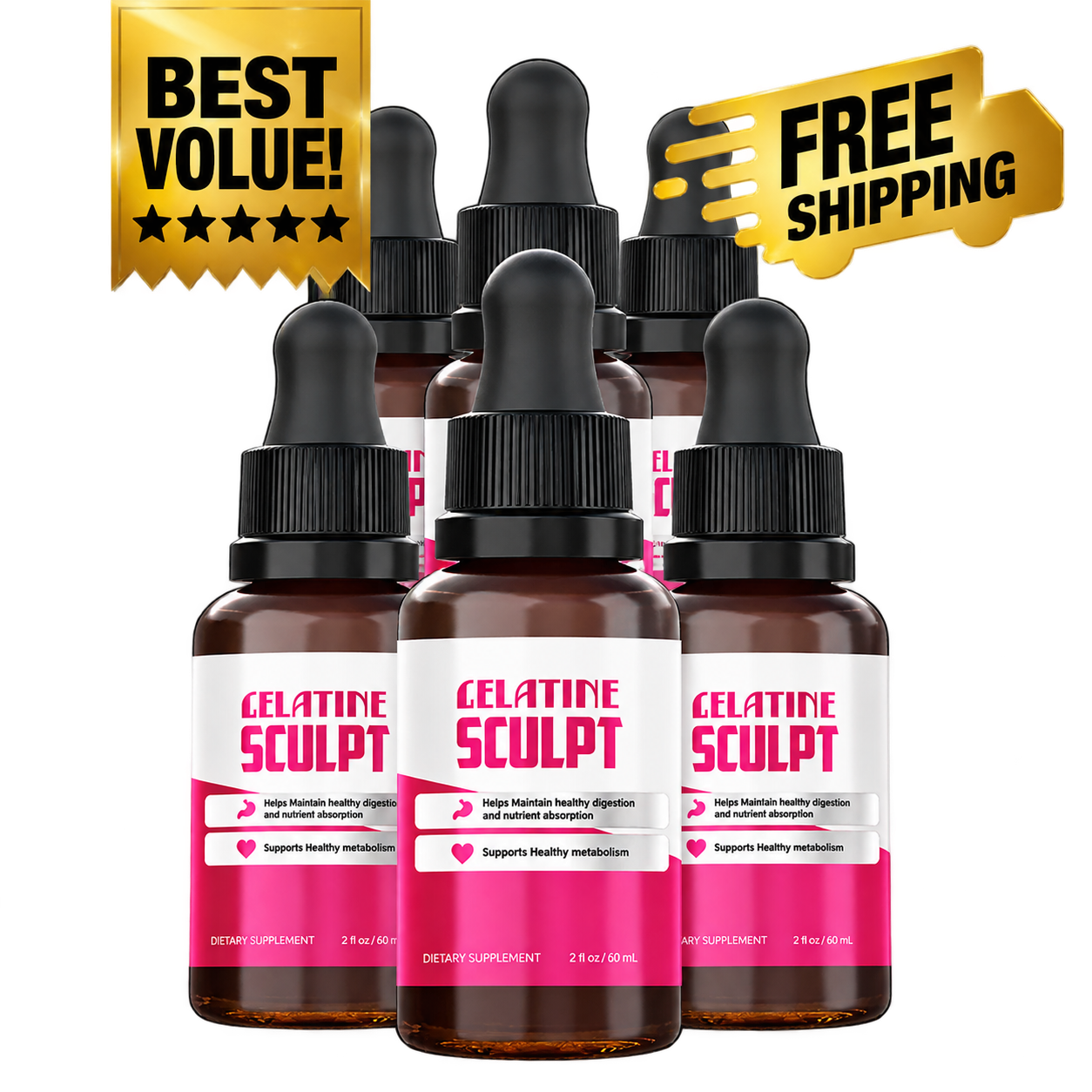 Gelatine Sculpt six bottle package with best value and free shipping badges